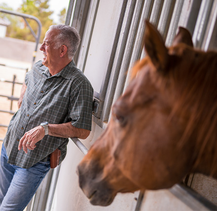 Governor Joe Lombardo standing next to a horse in a stable